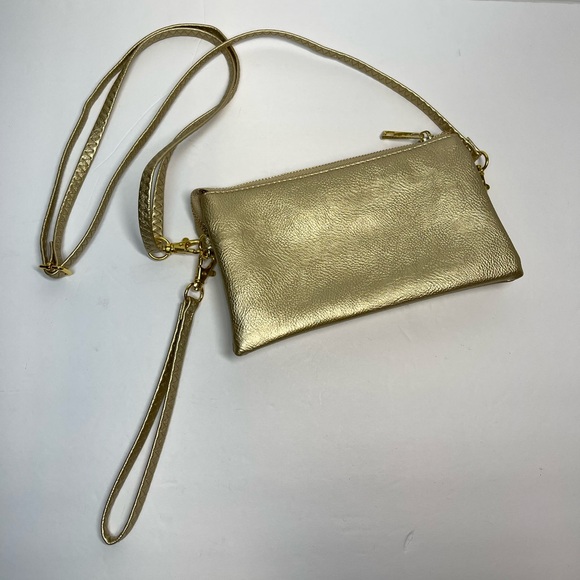 Gold Metallic Vegan Leather Crossbody Wristlet Clutch Detachable Strap NWOT - Picture 2 of 6